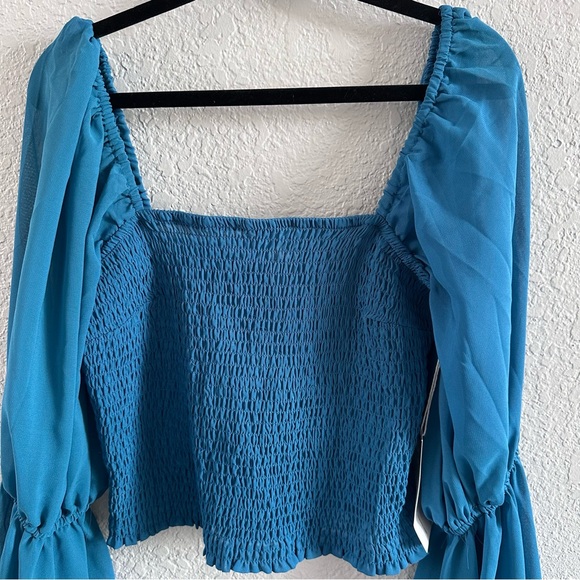 Teal Smocked Crop Top NWT Sheer Bell Sleeve Boho Cottagecore Festival Top M - Picture 3 of 16